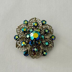 Stunning Vintage Brooch Filigree Silver Tone Metal w AB Finish Blue Rhinestones
